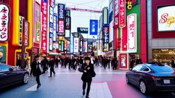 A Tesla's 'Model S Plaid' is racing at top speed, across the 'Universal Studios Japan', in Osaka. CINEMATIC. WIDE ANGLE LENS. PHOTO REAL.