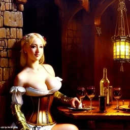 fullbody portrait 'beautiful face blonde massiveboobs medieval wench on tavern in medieval city',corset,painting by gaston bussiere, greg rutkowski, yoji shinkawa, yoshitaka amano, tsutomu nihei, donato giancola, tim hildebrandt, oil on canvas, cinematic composition,sharp image, extreme detail,((fit full head inside picture)),32k