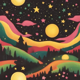 Starry night with Yellow colours and Red colours and Green colours and Pink colours, More stars