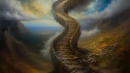 Oil painting, Monumental, spiraling stone staircase rising up into a boundless, enigmatic heavens above a rugged, untamed terrain, vibrant color palette, blurry, muted colors, long exposition motion blur, creative, extremely detailed brush stroke