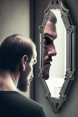 a man looking into a mirror and seeing a horrifying, abstract monstrous reflection