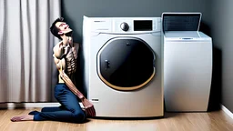 very skinny man is unable to lift damaged dryer