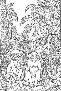 coloring page for kids, A cute, enchanting jungle with playful monkeys and exotic flora, thick outline, low details, no shading, no color