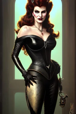 painting of summer cummings as evil queen in black leather, feminie, angry, stern look on her face, volouptous, busty, cleavage, emperious, mature, highly detailed, digital painting, artstation, concept art, smooth, sharp focus, illustration, art by gaston bussiere and alphonse mucha