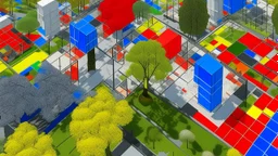 Aerial view of a Mondrian-style park, featuring a grid of rectangles in primary colors and white, with trees and people integrated into the design, digital art. A man, possibly in his 40s, is seen in the upper left, while another man, also likely in his 40s, is positioned in the upper right.