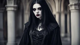 vampire goth fashion, women and men in pale face, black make up, black hair, long pointed dark nails, full body photo, Renaissance goth clothes style , High detailed, sharp focus, looking at the camera, cinematic, masterpiece, high realistic, fashion photo