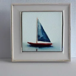 tiny oil painting of tiny sailboat, plain white background, solid white background, tiny white canvas, tiny white frame, melancholy, tender, moody, vintage, delicate arrangement, beautiful composition, etsy, aesthetic layout, plain solid white background