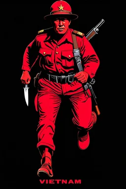 Vietnam soldier(uniform and face based on racist steriotypes) running towards viewer, a knife i one hand, and a gun(barrel pointing at viewer) in the other. retro 1960's poster monochrome with white background
