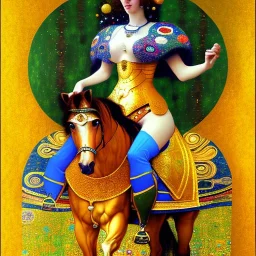 fullbody portrait of beautiful busty amazon woman riding a horse by Gustav Klimt 8k