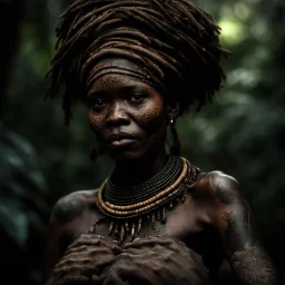 Behold the powerful alluring and pretty african congo shaman woman, her body adorned with mystical tattoos, in the middle of congo jungle. intricate details, HDR, beautifully shot, hyperrealistic, sharp focus, 64 megapixels, perfect composition, high contrast, cinematic, atmospheric, moody