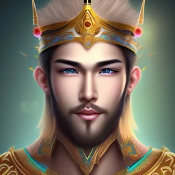 magnifique bel homme asiatique souriant ,yeux bleus,avec vetement et couronne celtique,cheveux blonds, fond bleu clair