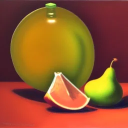 still life bottle half fruit