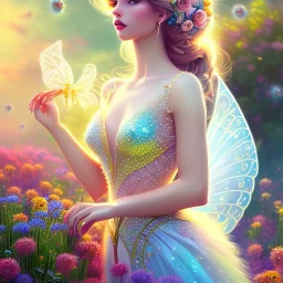 bright fairy, beautiful portrait, flowery landscape, cosmic atmosphere, perfect composition, 8k, super detailed, delicate flowers, complemfentary colours, intricate details