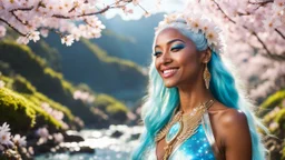 Portrait of a gorgeous smiling skinny polynesian goddess with a golden dark skin, long smooth clear turquoise blue white hair, blue eyes, in a sci-fi outfit with luminous strikes sending a kiss in a hill of flowers with sakura trees, a small torrent, loads of mini flowers, moss, sun rays through the branches, particles in the air at spring