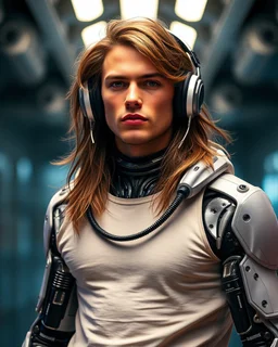 Handsome man super model brown hair science fiction style humanoid half with full body cyborg mechanicals and cybernetics lights wearing headphones,she on standing cool pose