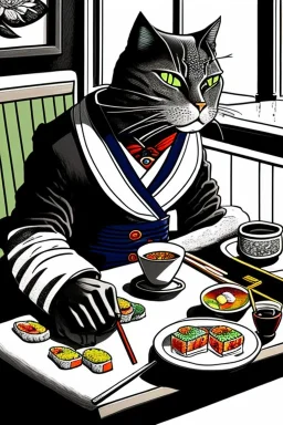 Cat, sitting at a table, eating sushi,perfect iris, ink and pencil, style Tintin