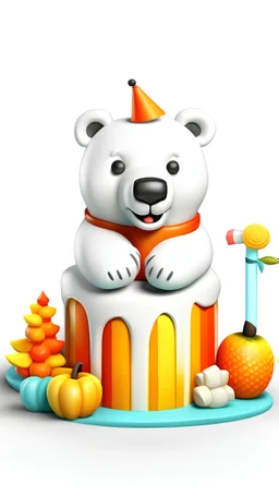 A photo realistic, cute island snow polar bear,jack-in-the-box,candy corn, Halloween character, Disney style, white background