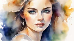 watercolor painting of a beautiful of a 25 year old woman, realistic skin texture, looking into the camera, Anna Razumovskaya style, atmospheric light, realistic colors