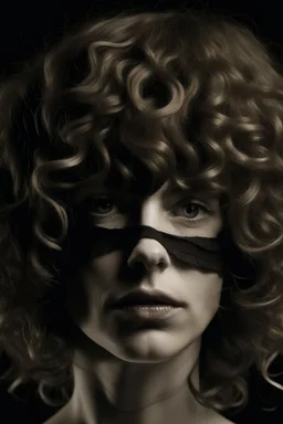 volto deforme di donna bendata con capelli ricci e frangia