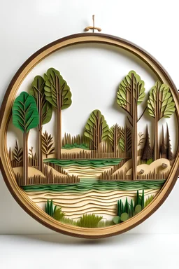 Generate an image of a 2d wall art tranquil forest scene crafted from mini thin wooden sticks and jute threads, capturing the essence of nature
