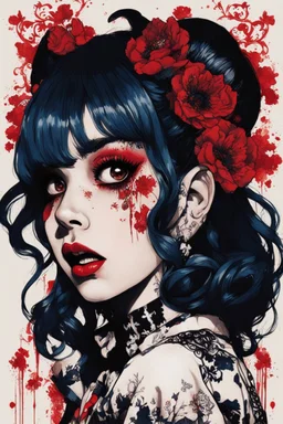 Poster in two gradually, a one side malevolent goth vampire girl face and other side the Singer Melanie Martinez face, full body, painting by Yoji Shinkawa, darkblue and sepia tones, wears a smart shirt which is embroidered with red flowers and ornaments, has dark eyes and horns,