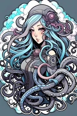 filigree kawaii anime tentacles for a cyberpunk tattoo on a strong and powerful and sexy woman