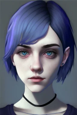 Realistic female teenager with pale skin, big grey eyes, blue and purple short hair, angular facial features, round face, prominent collarbones, black clothing