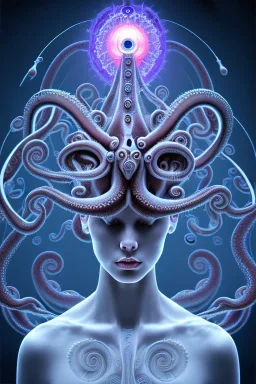 Spiritual being with Tentacles over human Head creating reality around, wrapping Spiral around Human, Psychedelic