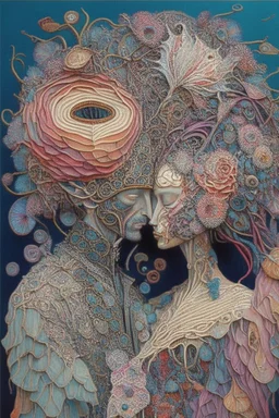 Surreal painting entitled "Indras Net" Surreal couple wearing intricately detailed quilling made from flowers, feathers, shells, gemstones, twine, pieces of colorful fabric, and leather; insanely detailed; intricate; award-winning; rose tones; beautiful; surrealism; Salvador Dali, Alex Pardee, Aaron Horkey