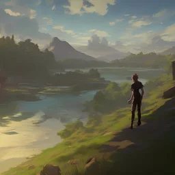 In the anime, a young male character is near the green lake in the sunset afternoon.