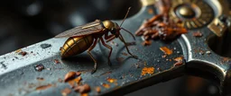 Tiny metallic-eating insect crawling on a corroded sword, macro fantasy realism, detailed textures, dungeon environment, ominous but slightly absurd tone