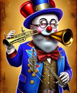 mechanoid happy old friendly fat clown with trimmed beard playing jazz with a steampunk theme, trumpet, realistic