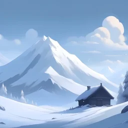 anime style snowy mountain in a blizzard with a small cabin in the background