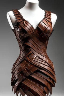 A dress made of artistically interwoven and overlapping strips, The color of the dress is reddish brown, made of taffeta, sleeveless, the corset is tight, inspired by fractals in geometry.
