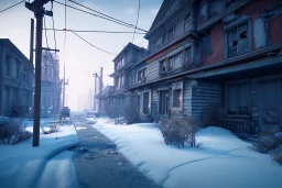 Michigan, streets of detroit, slums, snow, winter , run down residental homes , unity, scriptable render pipeline , blue tone, volumetric lighting.