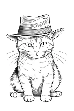 Cute cat illustration with hat, white background, sketch style, full body,