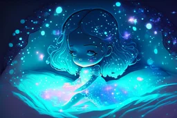 Cute chibi bioluminescent woman in holographic dress in sleeping room in starshine