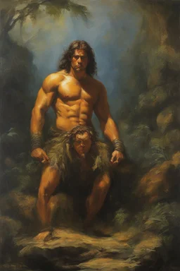 Tarzan, King of the Jungle - oil painting by Rembrandt, Frazetta, Boris, Brom, Julie Bell, Michelangelo, Caravaggio, Gilbert Stuart