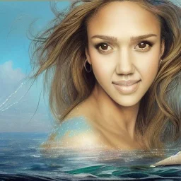 A beautiful portrait of Jessica alba as a mermaid , leaning on a ships deck ,Rough sea in the background, (digitall art by Eugene de Blaas and Ross Tran, vibrant color scheme, highly detailed, in the style of romanticism, cinematic, artstation best quality, realistic lighting, masterpiece portrait, details light dusting , cowboy shot from above, simple chain hauberk Vector art digital illustration 3D shading )
