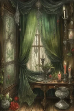 english watercolor, witch's boudoir, mirror, curtains, cobweb, filigree, dried flowers, textiles, candle, magical lighting effect, fairy tale illustration, fine drawing of details with colored pencils, grunge, high resolution, high detail, dark fantasy, dark botanical, beautiful, ISO 100, pixel graphics, hdr, emerald colors, beige, red, deep blue, umbra, grey, dusty rose, gold