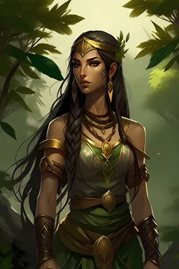 female Kalashtar dungeons and dragon race, ranger, long layered dark hair with a couple small braids, greenish grey eyes, dark tanned skin, small dainty gold jewelry, sexy and strong looking, princess adventurer, sleeveless clothing incorporating leaves, fairylike aura