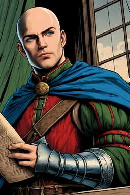 Portrait of nobleman, bald, blue eyes, medieval green clothes, red vest, chain mail armor, blue cape