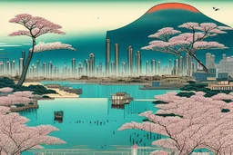 create an image in the style of hiroshige 100 viewss, where the picture is broken into 100 smaller images, but the views are od dubai.