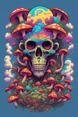 Psychedelic monkey skull surrounded by clouds and overgrown with psychedelic mushrooms. Digital drawing. Colorful. t-shirt design