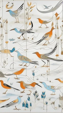 A white sky with singing birds designed in ancient Egyptian hieroglyphics painted by Lucan van Leyden