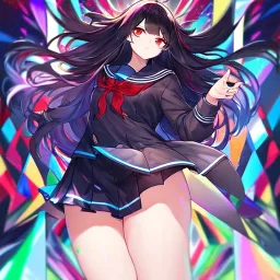 Clear focus, High resolution, long black fluffy hair, red eyes, chopped bangs, wearing a sailor uniform, wearing a sailor skirt, colorful, hollywood, female, human, mortal, thin legs