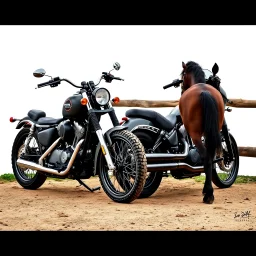 a harley davidson pan america 1250 motorcycle, next to a Indian Springfield Dark Horse motorcycle. next to a horse who's facing away and tied by the reins to a wood railing. white background. dirt ground. silkscreen style image