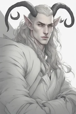 A dnd character portrait, a tiefling man with long hair and two black horns, white eyes and pale skin. Handsome. Young.