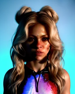 portrait, Shakira, blonde artist, angry, Realistic image, hoodie, mma gloves, fight pose, make-up make-up, gold line make-up, sweat, fog, goddess style, Neon colors, leds. Black background, photo studio, concept art, smooth, unreal engine 5, god lights, ray tracing, RTX, lumen lighting, ultra detail, volumetric lighting, 3d, finely drawn, high definition, 4k.