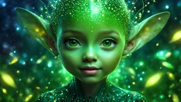 Magical Fantastic young happy green beautiful alien child facing camera, Liquid Structure, night, fireflies, Portrait Photography, Fantasy Background, Intricate Patterns, Ultra Detailed, Luminous, Radiance, Joy, Exuberance, Fun, energy, excitement, Ultra Realism, Complex Details, Intricate Details, 16k, HDR, High Quality, Trending On Artstation, Sharp Focus, Studio Photo, Intricate Details, Highly Detailed